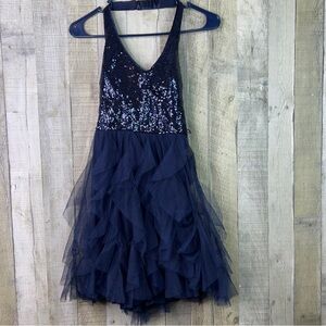 Teeze Me Size 1/2 Blue Sequined Sleeveless Halter Tulle Lined Sheath Mini Dress
